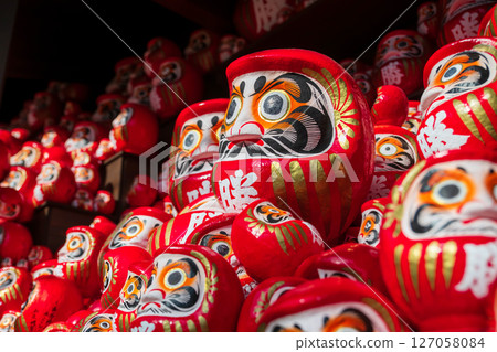 Big Daruma dolls on shelf decor at Katsuo-ji temple, Minoh, Osaka 127058084