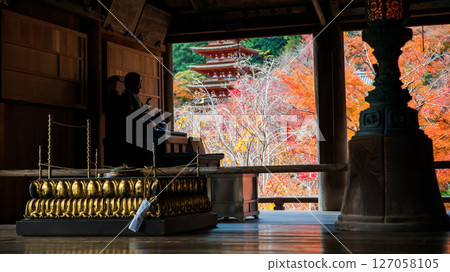 Buddha statue of Hasedera temple hall by pagoda at fall, Nara 127058105