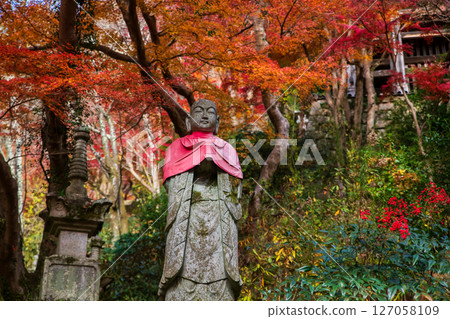 Buddha statue by colorful autumn leaf at Hasedera temple, Nara 127058109