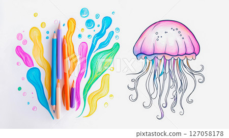 Colorful pencils jellyfish on a white background 127058178