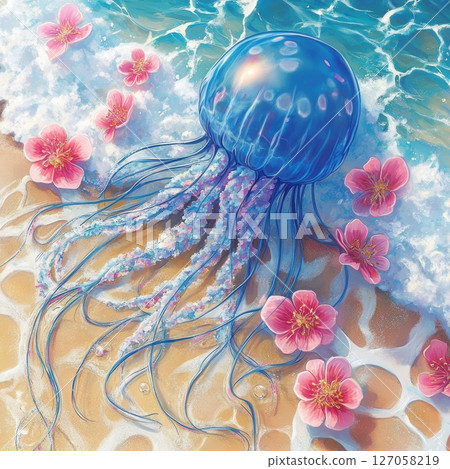 Ethereal Jellyfish with Pink Flowers on Shoreline Near Ocean Waves 127058219