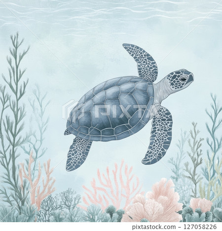 Beautiful Sea Turtle Swimming Underwater with Coral Reef Background 127058226