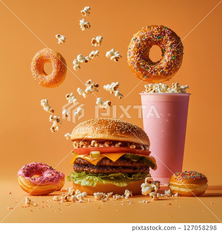 Colorful Fast Food Spread with Donuts and Popcorn Against Orange Background 127058298