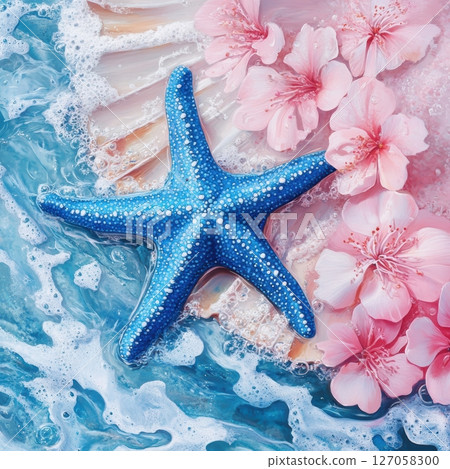 Blue Starfish on Sandy Beach Surrounded by Tropical Flowers 127058300