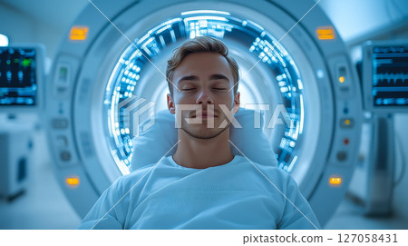 A patient lies calmly inside an MRI machine in a hospital. The concept of advanced medical imaging, healthcare technology, and diagnostic precision. Generative AI 127058431