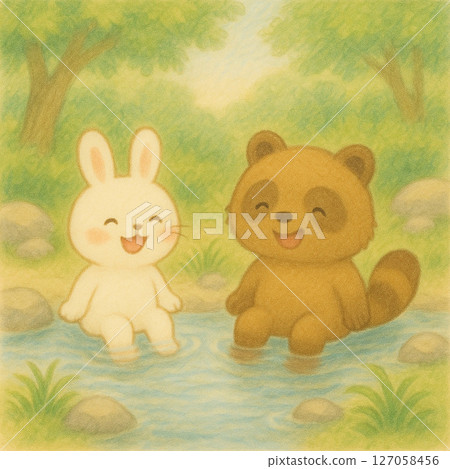 A summer illustration of a rabbit and a raccoon dipping their feet in a river 127058456
