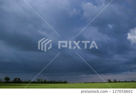 Storm clouds over the field. Gloomy, dark and dramatic sky before the rain, cumulonimbus clouds, day. Nature background. 127058602