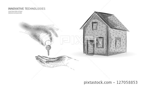 House key transfer concept. Low poly home ownership property buying. Real estate investment mortgage rental sales. Polygonal digital background vector 127058853