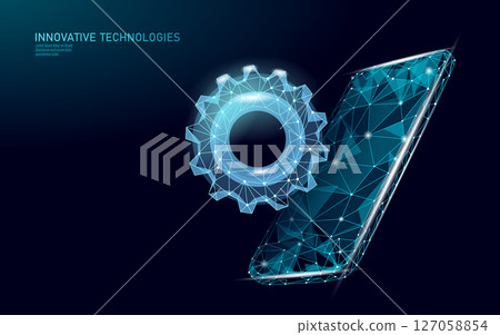 Low poly smartphone process concept. Polygonal phone with gear innovation digital style. Mobile applications data science engineering solutions. Dark background blue vector illustration 127058854