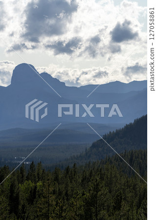 Coniferous forest and majestic mountain range under cloudy sky in british columbia Coniferous forest and majestic mountain range under cloudy sky in british columbia 127058861