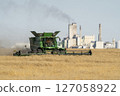 Farmer harvesting wheat crop with combine harvester near factory 127058922