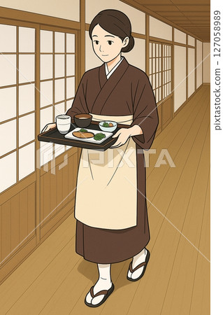 Woman serving food at an inn Breakfast meal image illustration Generative AI 127058989