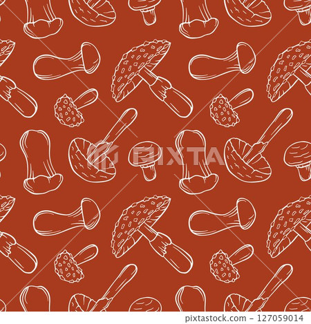 Seamless pattern with mushroom in line art style on red background. Trumpet, Fly Agaric, Destroying Angel, Champignon. Perfect for food design, delivery packaging, fabric or kitchen wallpaper. Seamless pattern with mushroom in line art style on red background. Trumpet, Fly Agaric, Destroying Angel, Champignon. Perfect for food design, delivery packaging, fabric or kitchen wallpaper. 127059014