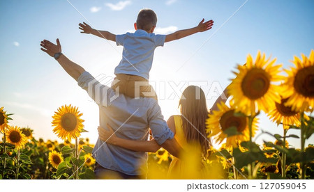 Family spreading their arms in a sunflower field 127059045
