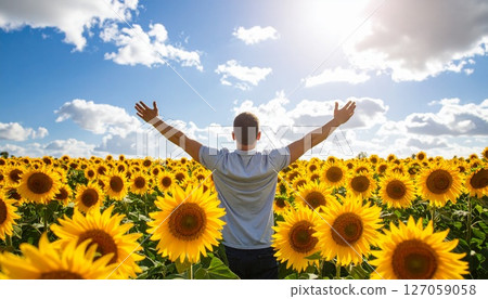 A man in a sunflower field spreading his arms towards the sun A man in a sunflower field spreading his arms towards the sun 127059058