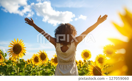 Woman spreading her arms in a sunflower field 127059060