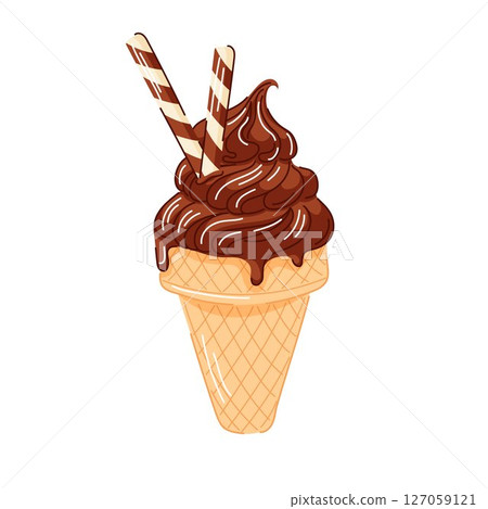 Dark chocolate ice cream cone with swirled creamy texture with wafer sticks in cartoon style. Refreshing summer dessert perfect for cafe menu, fruit concept and colorful food illustration. 127059121