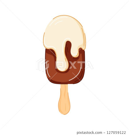 Smooth dark chocolate popsicle ice cream with topped vanilla chocolate in cartoon style isolated on white background. Perfect for summer cafe design, restaurant logo or recipe book. 127059122