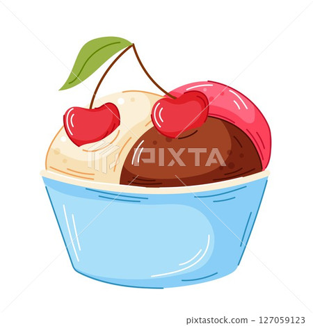 Colorful ice cream in blue bowl with vanilla, chocolate and strawberry scoop topped with cherry and leaf in cartoon style. Perfect for cafe menu, logo and packaging food design. Colorful ice cream in blue bowl with vanilla, chocolate and strawberry scoop topped with cherry and leaf in cartoon style. Perfect for cafe menu, logo and packaging food design. 127059123