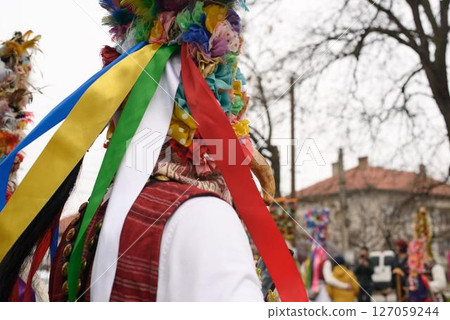 Kukeri Headdress Decorated with Ribbons and Flowers 127059244