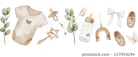 Watercolor illustration of childish seamless Border with baby items. Drawing of pattern with bodysuit, bottle, shoes, pacifier, eucalyptus and ribbon. Frame for newborn invitations or Baby shower card 127059294