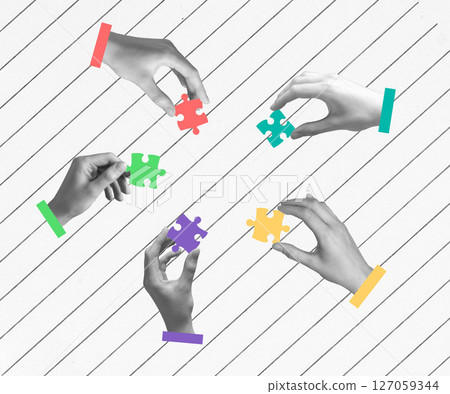 Puzzle pieces coming together, symbolizing teamwork, partnership, and business success. Creative Puzzle pieces coming together, symbolizing teamwork, partnership, and business success. Creative 127059344
