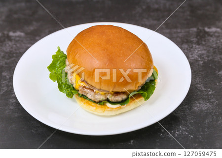 Homemade hamburgers on a plate Homemade hamburgers on a plate 127059475