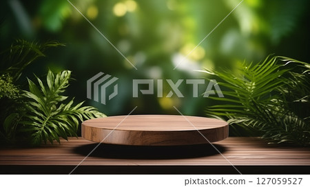 Wooden product display podium for cosmetic product with green nature  background 127059527