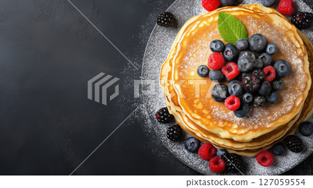 pancakes with fresh berries. Healthy morning breakfast. 127059554