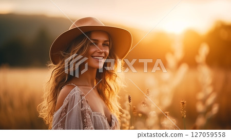 Portrait of calm happy smiling free woman with closed eyes 127059558