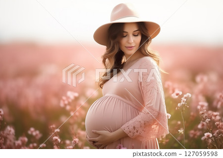 Man and woman holding pregnant bump expecting baby. Happy family hands on stomach closeup. 127059598