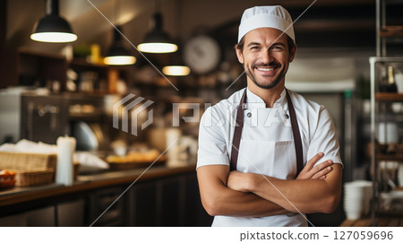 male chef in a chef's hat with arms crossed wears apron standing in restaurant kitchen 127059696