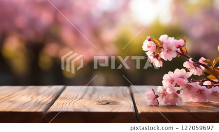 Blooming pink flowers of sakura cherry blossom season in springtime close up.  Nature background 127059697