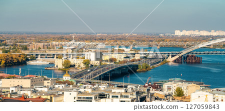 Kyiv cityscape with bridges over Dnipro River, panoramic view Kyiv cityscape with bridges over Dnipro River, panoramic view 127059843