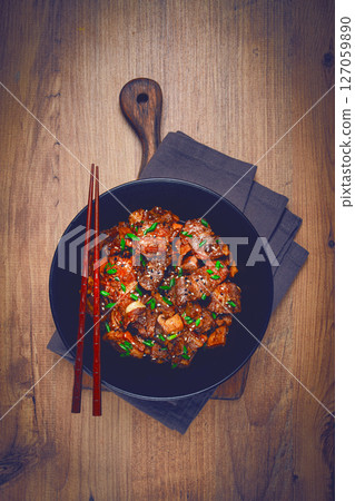 bulgogi, with mushrooms, with sesame seeds and green onions, Korean cuisine, homemade, no people, bulgogi, with mushrooms, with sesame seeds and green onions, Korean cuisine, homemade, no people, 127059890