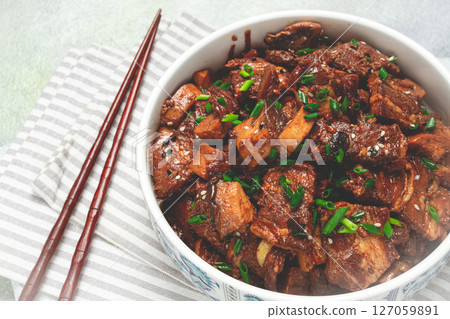 bulgogi, with mushrooms, with sesame seeds and green onions, Korean cuisine, homemade, no people, 127059891