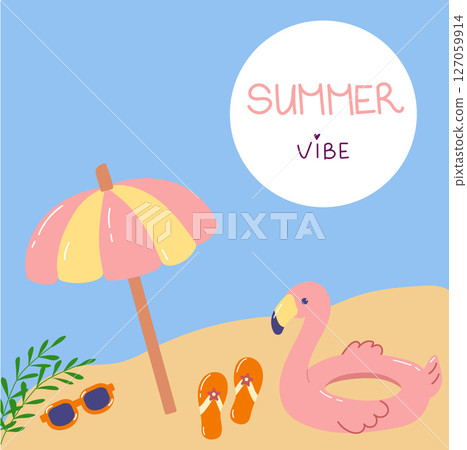 Summer vibe background illustration. Set of summer elements with flamingo, umbrella and sunglasses. 127059914