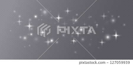 White sparkling stars, shiny particles light effect, transparent flying stardust texture 127059939