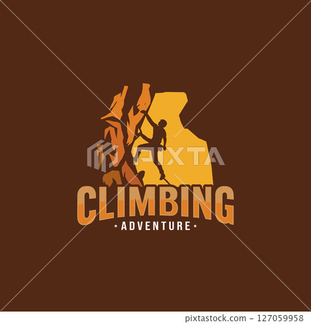 Climbing adventure logo with rocky cliff silhouette, used for hiker community logo 127059958
