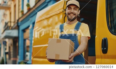 Smiling delivery worker holding package near logistics truck on urban street. Moving and shipping service banner 127060014