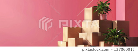 horizontal banner for the delivery service, cardboard boxes and decorative plants, Clean minimalist design, pink background, copy space, free space for text horizontal banner for the delivery service, cardboard boxes and decorative plants, Clean minimalist design, pink background, copy space, free space for text 127060015