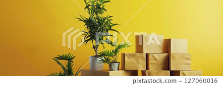 horizontal banner for courier service advertisement, cardboard boxes, indoor plants, yellow background, copy space, free space for text 127060016