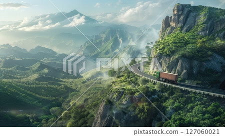 a large truck is moving along a mountain road among greenery, Aerial view panoramic landscape, delivery service, Cargo transportation a large truck is moving along a mountain road among greenery, Aerial view panoramic landscape, delivery service, Cargo transportation 127060021