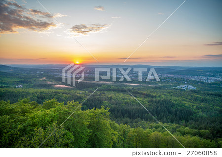 Sunset over Kaiserslautern in Rhineland-Palatinate in springtime or summer 127060058