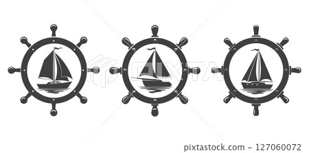 Engraving sailboat logo set Engraving sailboat logo set 127060072