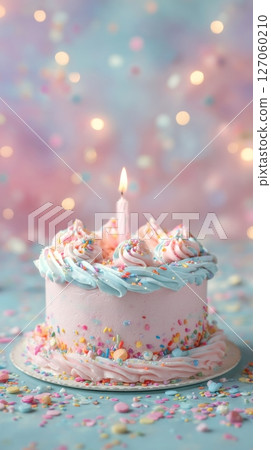 Delightful Pink Birthday Cake With Candle and Colorful Sprinkles on Festive Background 127060210