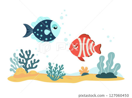 Two Cute Tropical Fish and Sea Plants seaweed, Coral on seabed. Underwater seascape landscape. Vector illustration. Kids collection 127060450