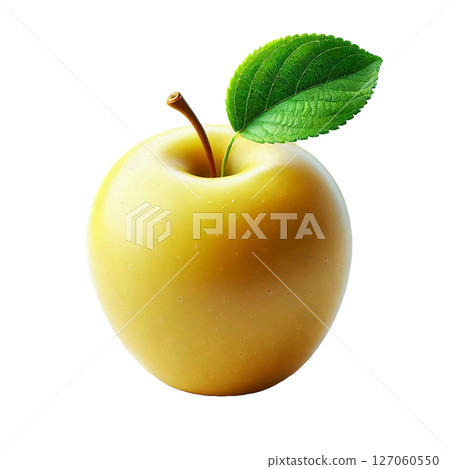 Juicy golden apple with a vibrant green leaf sits against a white background, highlighting its freshness and appeal for healthy diets or dessert ideas 127060550