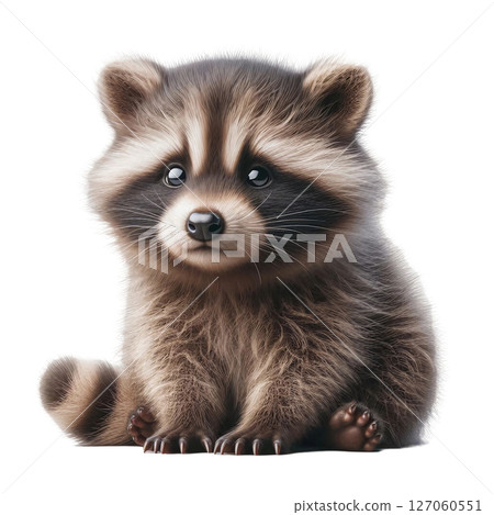 A fluffy raccoon cub sits on the ground with a cute expression, its round eyes full of curiosity. The soft fur and striped tail add to its adorable appearance, evoking a sense of innocence 127060551