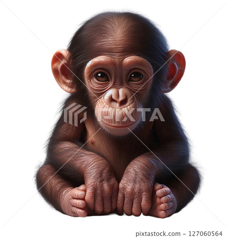 A baby monkey sits in a relaxed posture, gazing curiously. Its round face and small hands exhibit innocence and playfulness, highlighting the charm of young primates 127060564